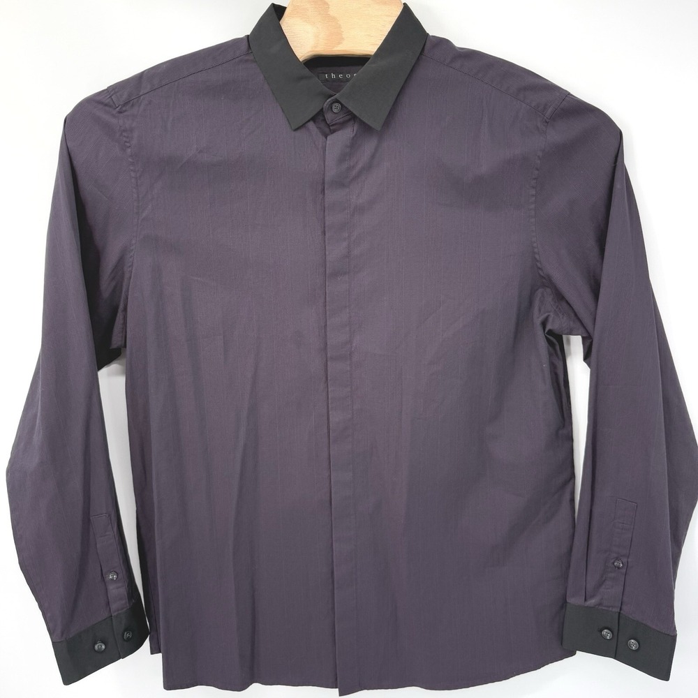 Theory Button Up Shirt Men's XXL Purple Black Contrast Trim Stripe Long Sleeve